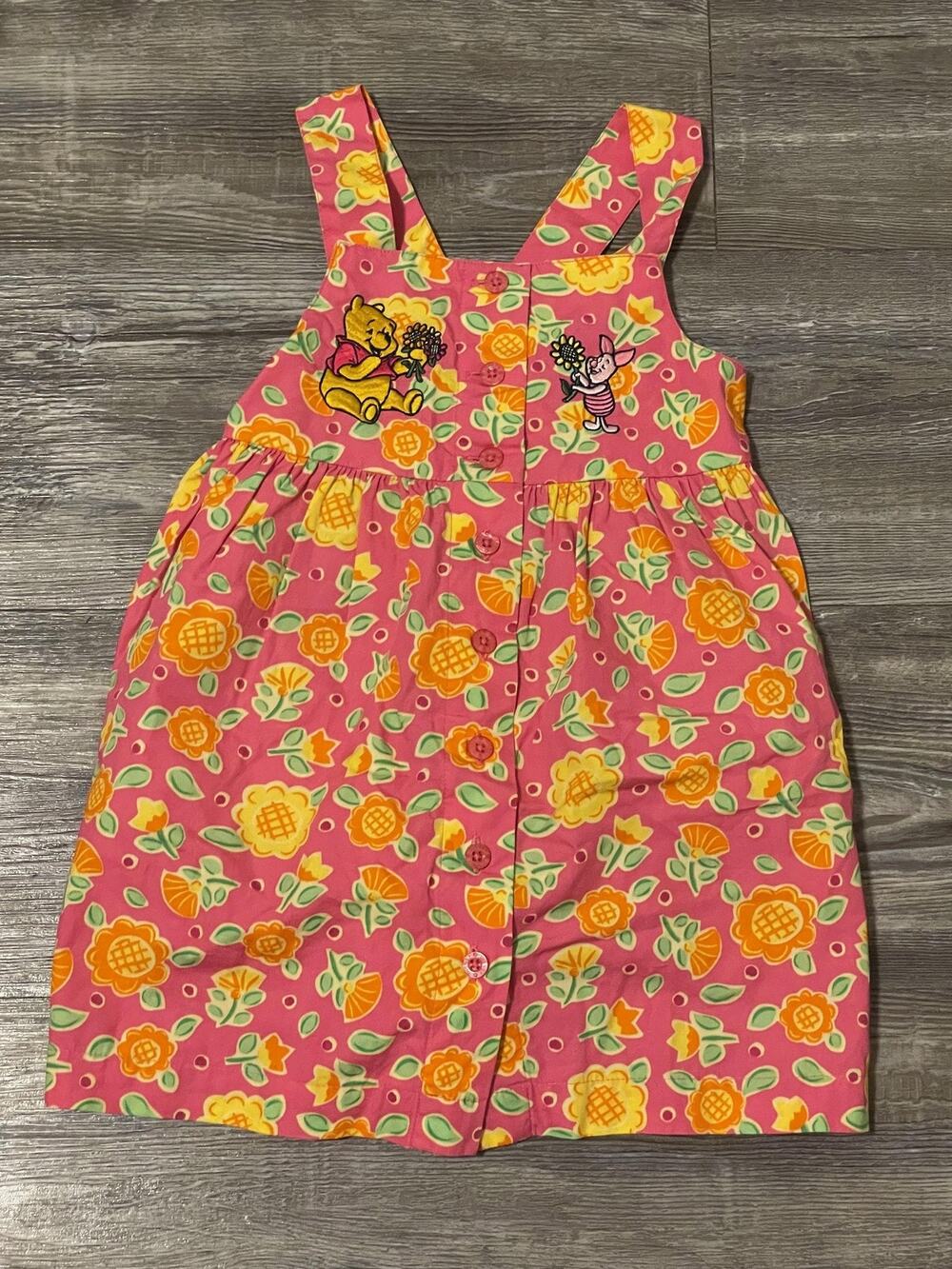 VTG Disney Store Dress Girls 24 Mos Pink Floral Pooh Piglet Embroidered Sundress